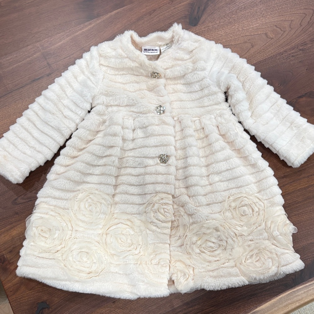 Blueberi Boulevard Cream Faux Fur Girls Coat with Rosette Hem
